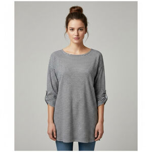 Adrienne Vittadini 100% Linen Striped 3/4 Sleeve Split Hem T-Shirt Top Size 2X